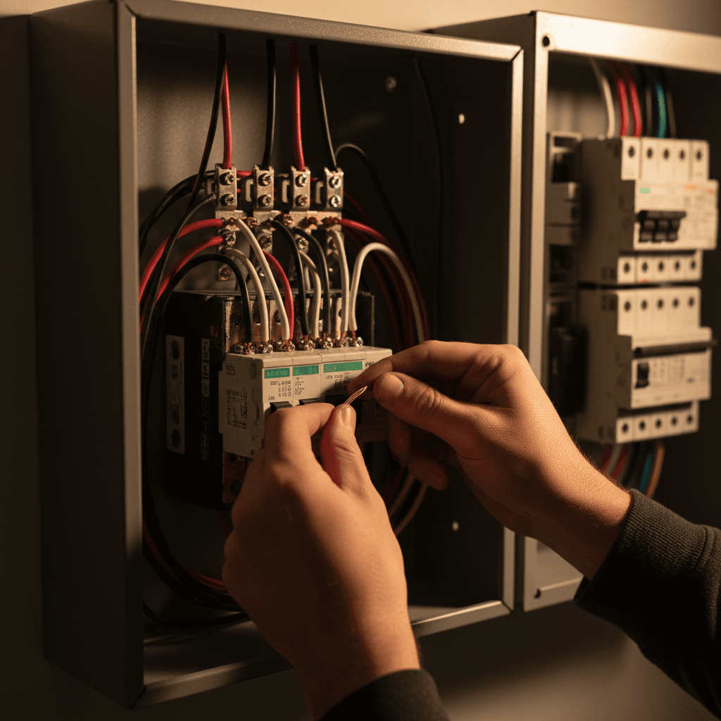 Electrician installing wiring in a breaker panel