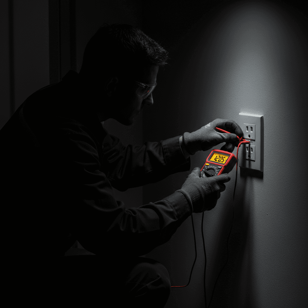 Electrician testing an electrical outlet with a multimeter