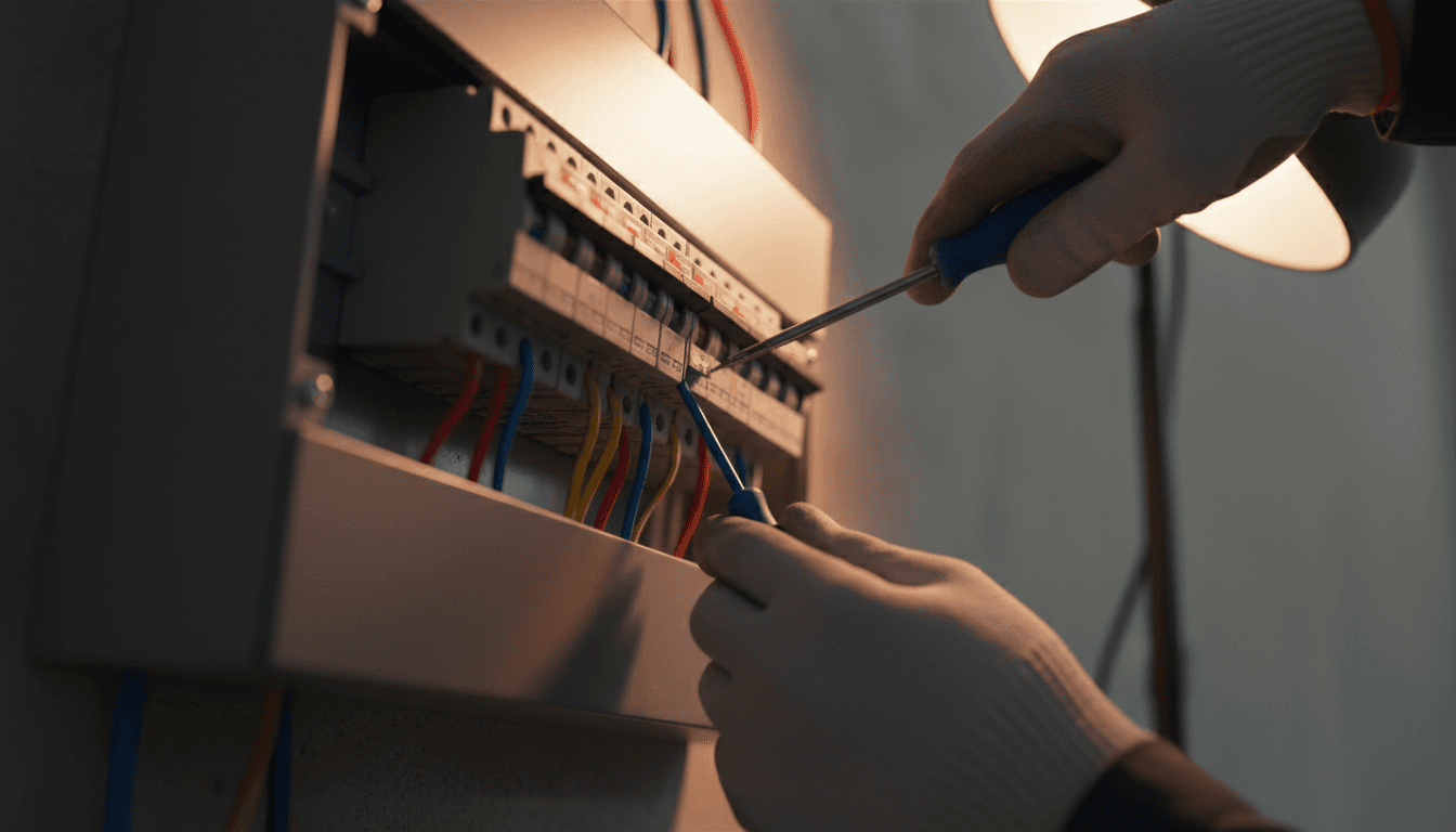 Electrician connecting wires to a circuit breaker panel