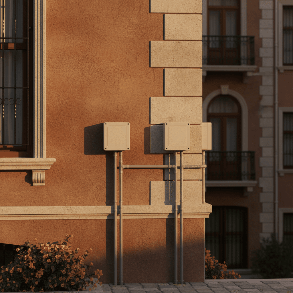 Exterior weatherproof electrical outlets installed on building facade
