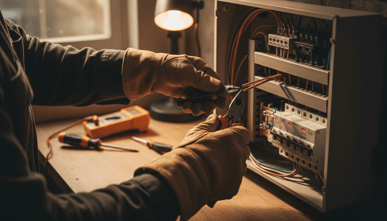 Electrician's hands working on wiring inside an electrical panel with precision