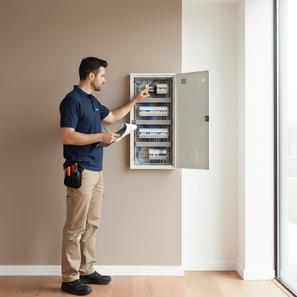Electrician inspecting a residential electrical panel with clipboard