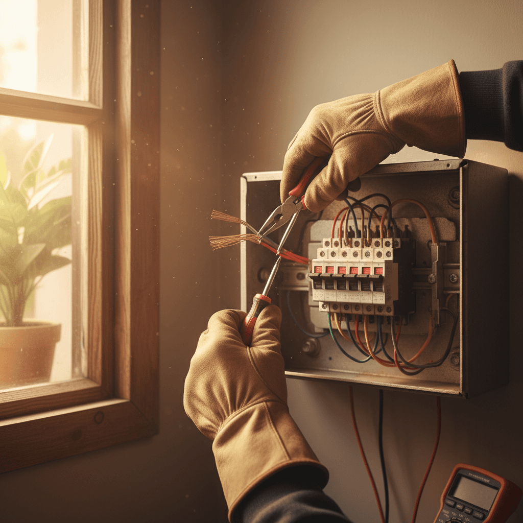 Electrician performing maintenance on a circuit breaker