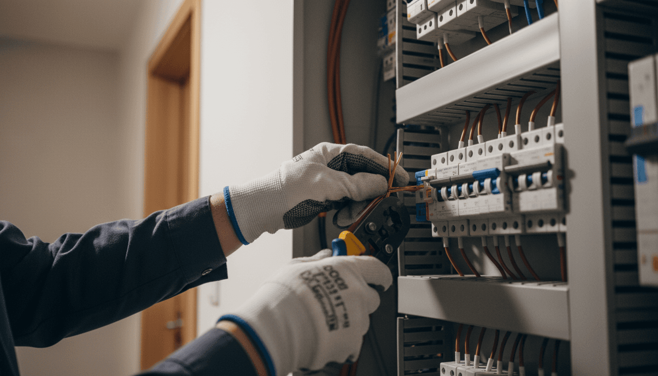 Professional electrician installing wiring in electrical panel