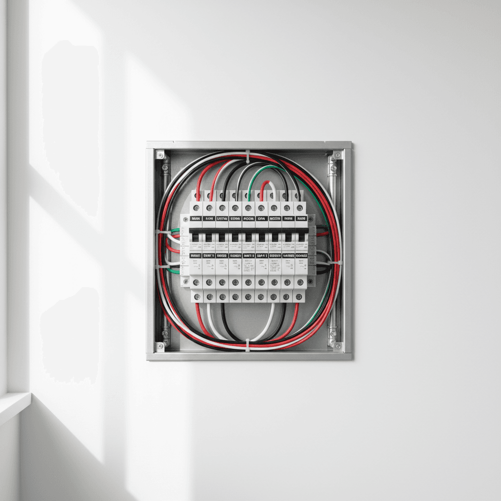 Newly installed residential electrical panel with organized circuit breakers