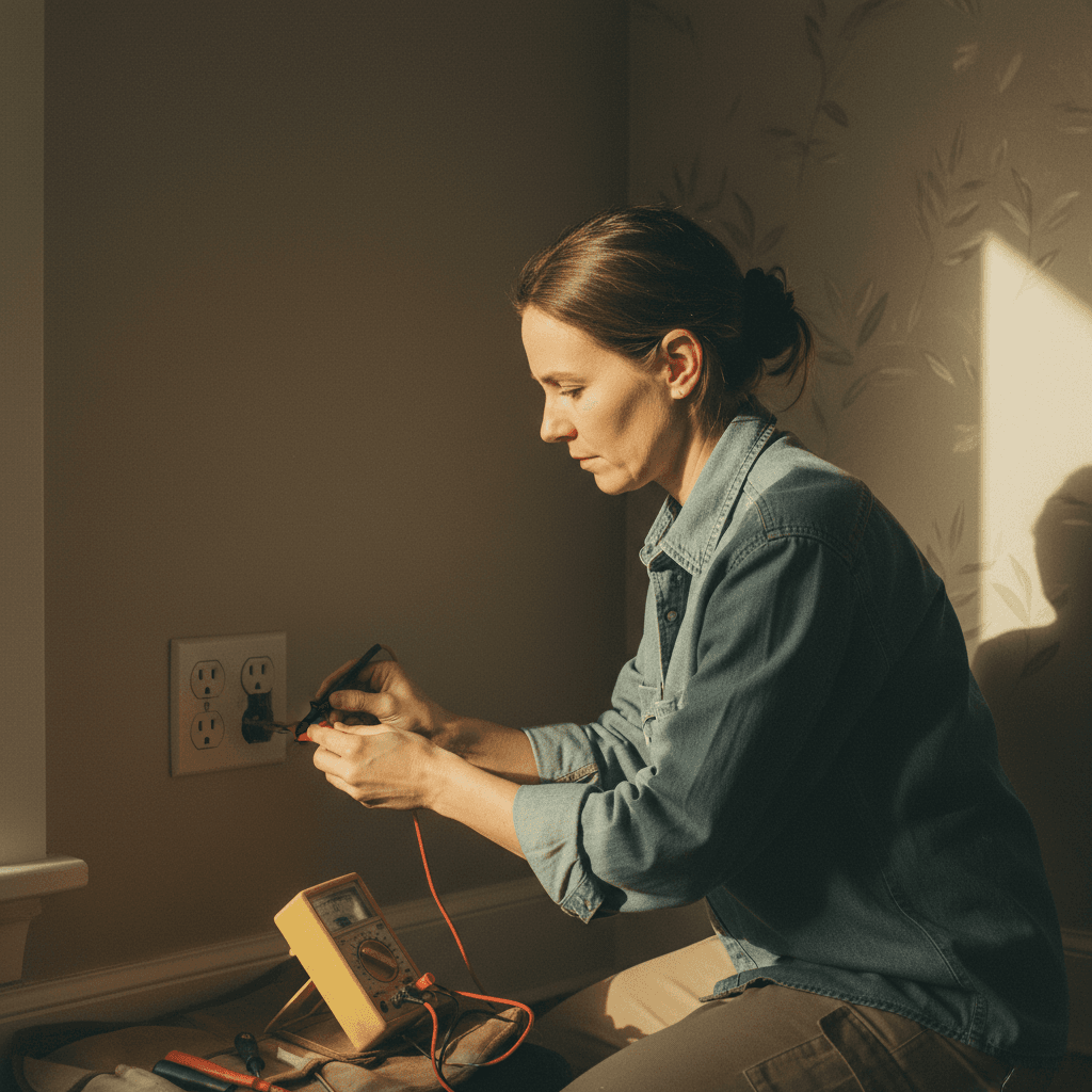 Electrician using a multimeter to diagnose a wall outlet issue