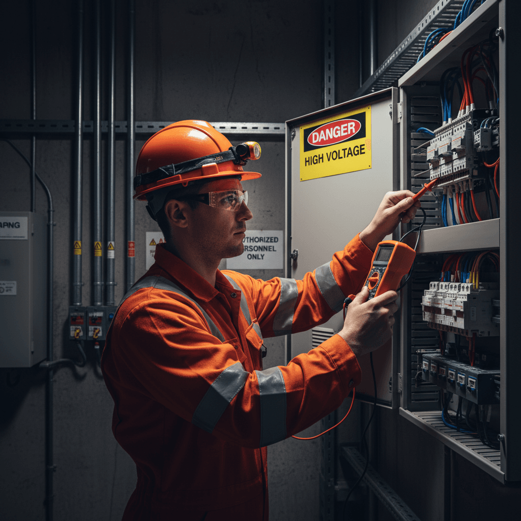 Licensed electrician testing electrical panel safely