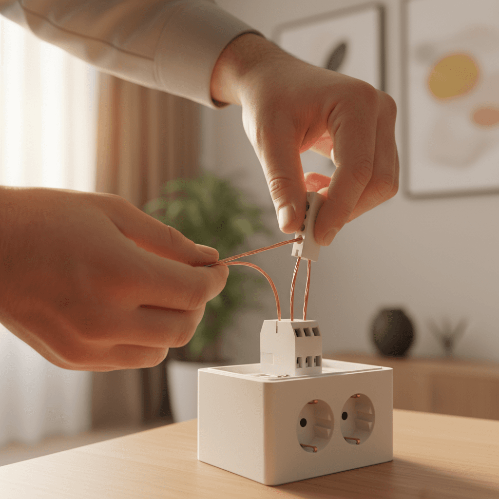 Electrician installing wiring connections with careful hand positioning