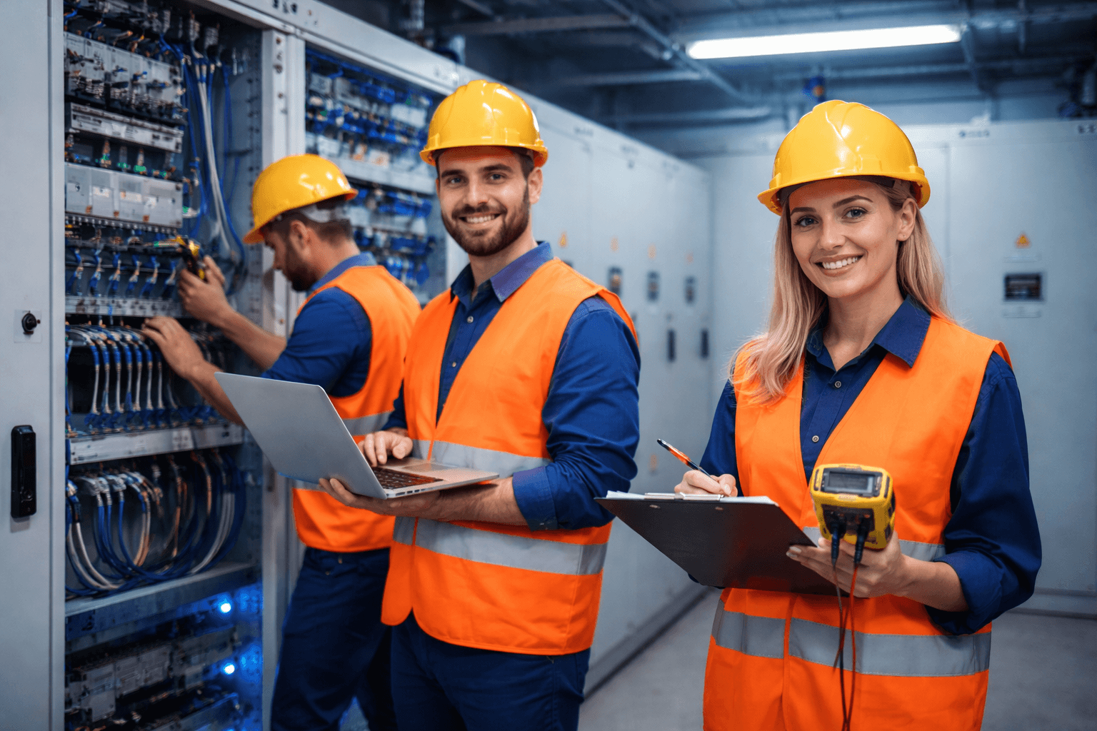 Smiling team of engineers in hard hats and vests working in a data center.